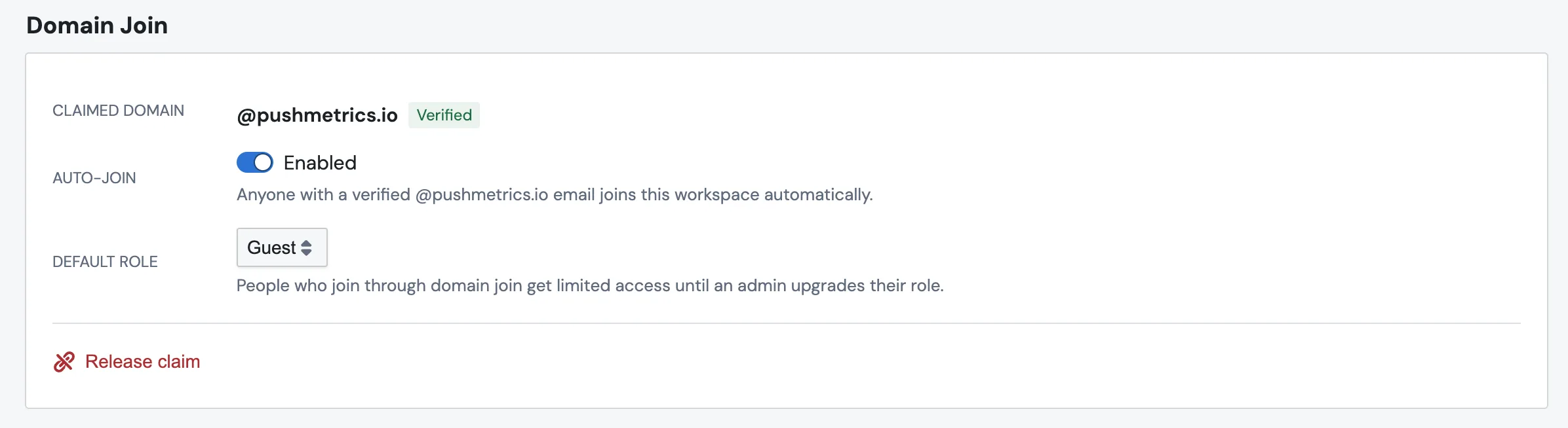 The Domain Join card in Account Settings, showing a claimed company domain with the auto-join toggle enabled, the default role selector set to Guest, and a Release claim option