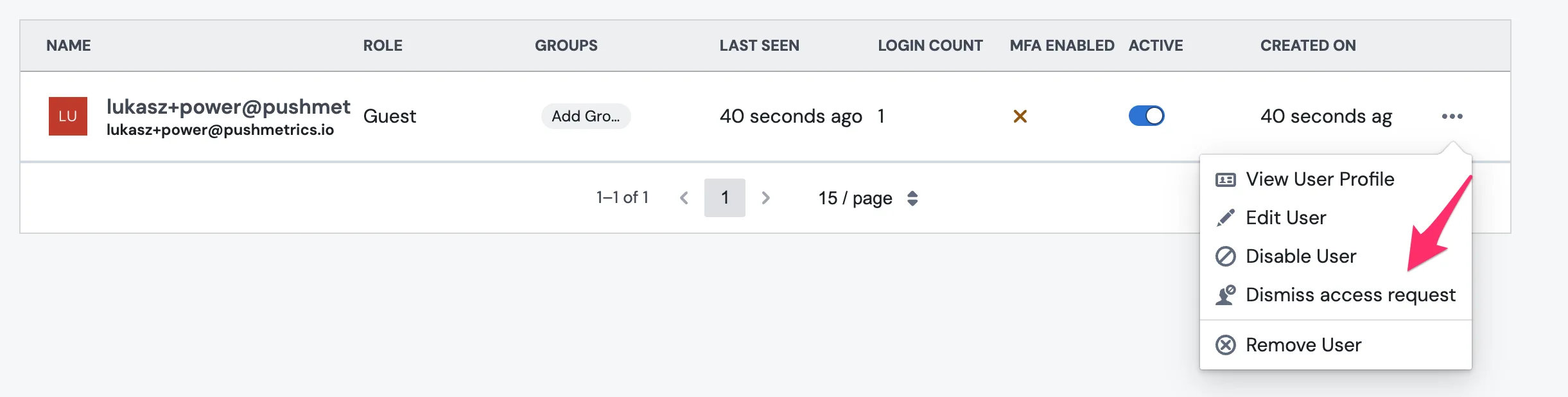The Users page with a guest member's row menu open, highlighting the Dismiss access request action