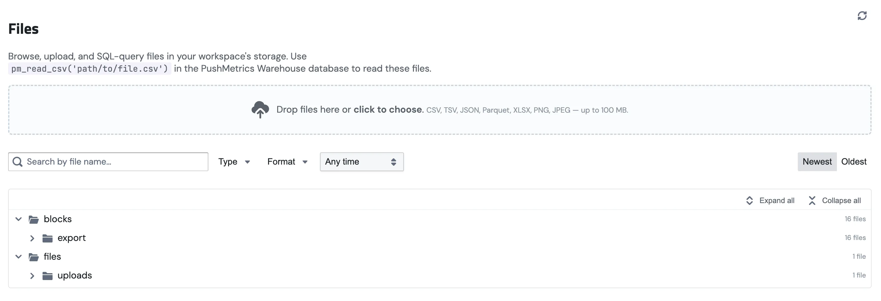 The Files page in PushMetrics, showing the upload dropzone, the search and filter toolbar with Newest/Oldest sorting, the Expand all and Collapse all controls, and the workspace folder tree