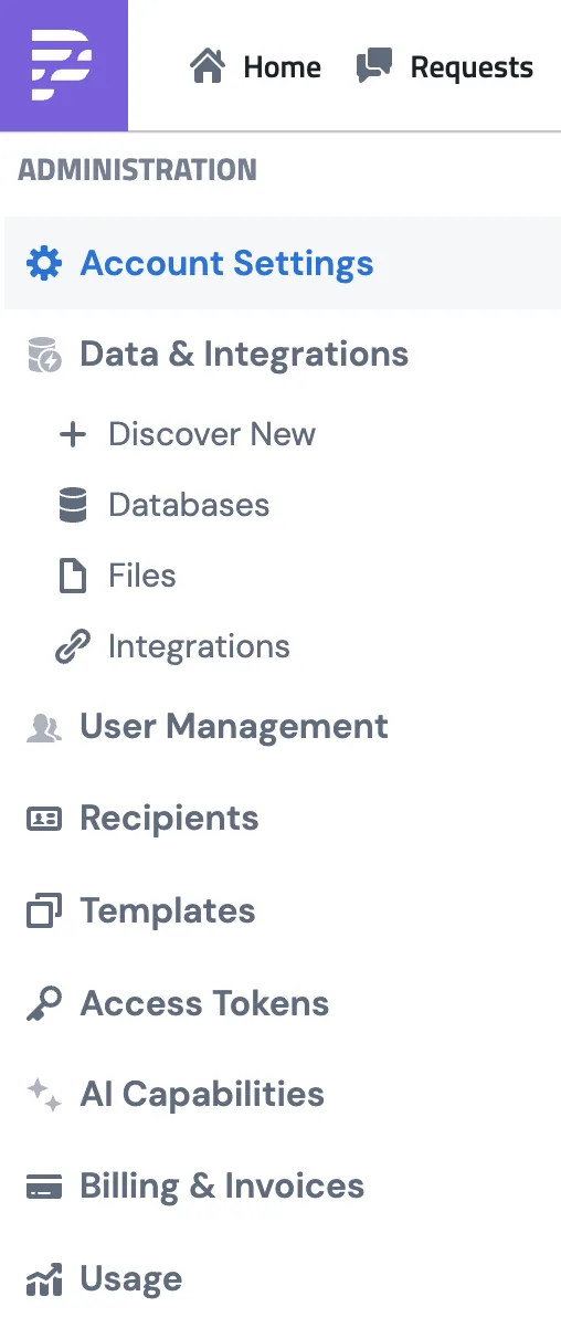 The left sidebar with the Data and Integrations section expanded, highlighting the Files menu item
