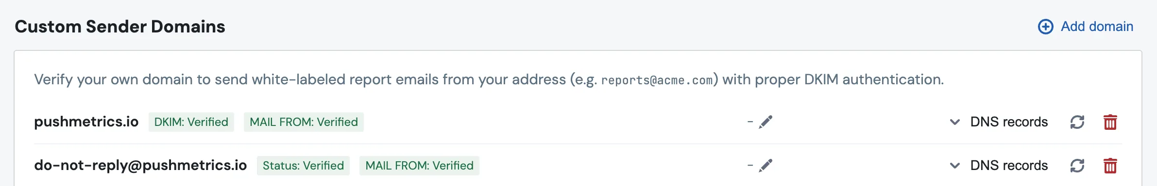 The White-Label Emails card in Account Settings, showing a verified domain identity and a verified single-email identity, each with green DKIM and MAIL FROM status tags