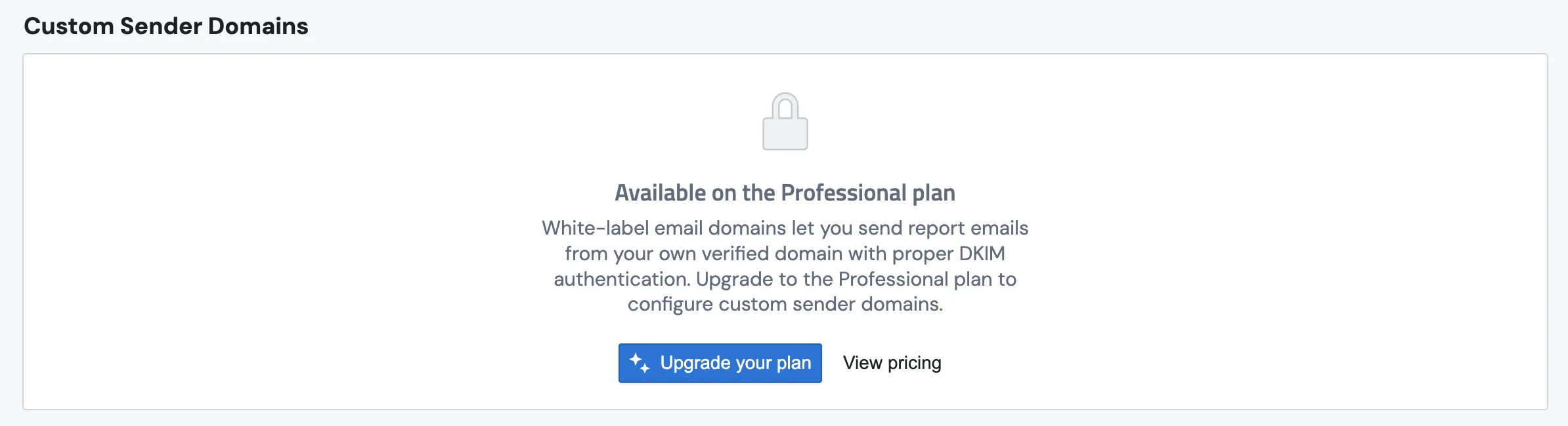The locked White-Label Emails card shown on non-Professional plans, with a lock icon, an Available on the Professional plan message, and Upgrade your plan and View pricing buttons