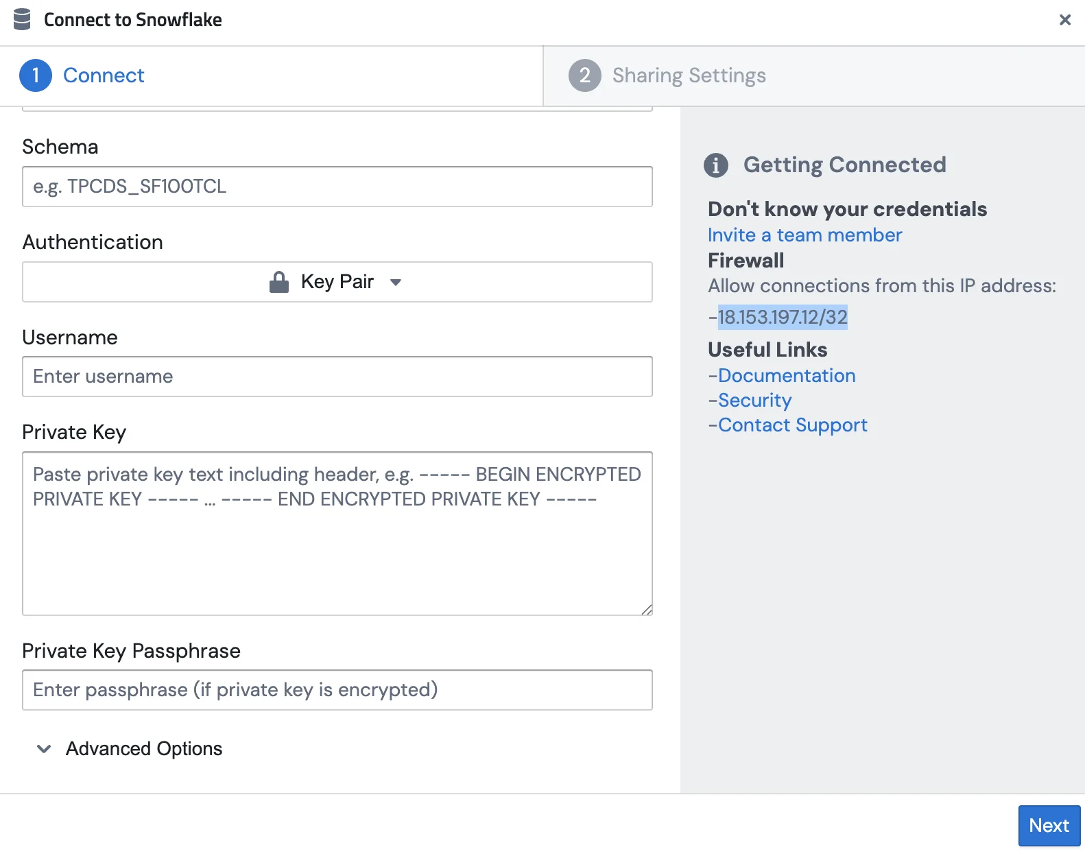 The Connect to Snowflake form with Authentication set to Key Pair, showing the Username field, a Private Key text area for pasting the PEM-encoded private key, and a Private Key Passphrase field